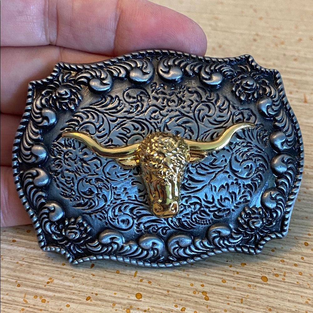 Gold and Silver Western Bull Belt Buckle